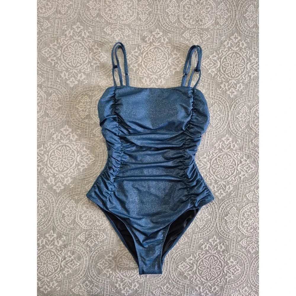 Cupshe Blue Glitter Ruched One Piece Swimsuit Shimmer Square Neck Large